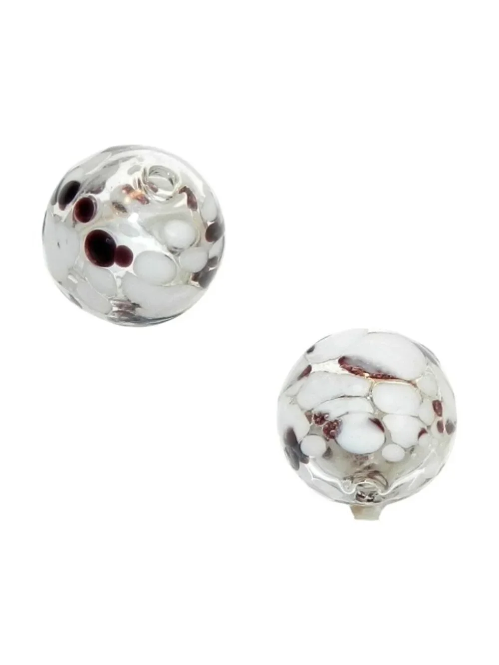 Clear with White & Brown 13mm Round Blown Lampwork Glass Beads 2pc G4287